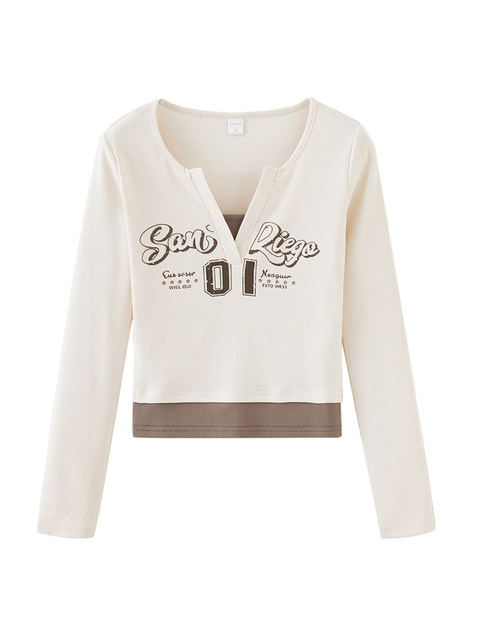 Distressed Letter Print Color-Blocked Fake Two-Piece Women's 2026 Spring New American Style Spicy Girl V-Neck Long-Sleeve T-Shirt Top