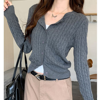 Single-Breasted Cable Knit Long-Sleeve Sweater Cardigan for Women, New Autumn Korean Style, Simple and Versatile Round-Neck Knit Cardigan