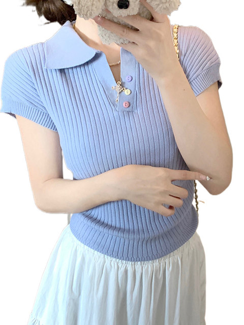 Polo Collar Drop Shoulder Short-Sleeved Knit Top for Women, High-End Summer New Style, Korean Version, Simple, Slim-Fitting, Versatile Top