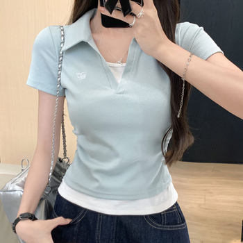 Clever Side Ruching Design Short-Sleeve Faux Two-Piece Women's Summer New Style Fresh Blue Polo Collar Slim-Fit Top