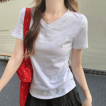 Basic White V-Neck Bamboo Cotton Short-Sleeved Women's T-Shirt, New Summer Korean Style, Loose and Breathable, Regular Shoulder Half-Sleeve T-Shirt for Women