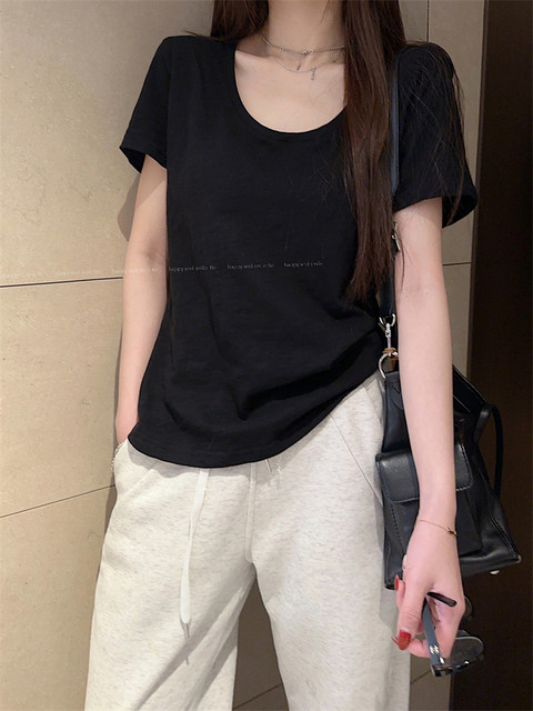 Basic White U-Neck Bamboo Cotton Short-Sleeve T-Shirt for Women, Regular Shoulder, New Summer Style, Loose V-Neck Half-Sleeve T-Shirt for Women