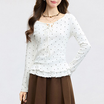 Korean Style Lace-Up Round Neck Polka Dot Long-Sleeve T-Shirt for Women 2026 Spring New Sweet Age-Reducing Lace Slim-Fit Base Shirt