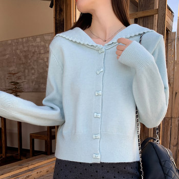 College Style Sweet Lace Navy Collar Knitted Cardigan for Women Autumn and Winter New Style Lazy Style Sweater Jacket for Female Students Trendy