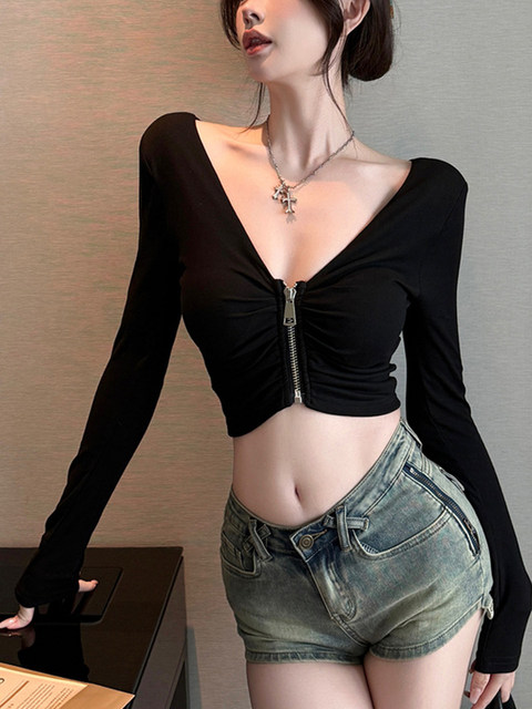 Pure Desire Style V-Neck Zipper Ruched Long-Sleeve T-Shirt for Women, 2026 Early Spring New Slim-Fit Spicy Girl High-Waisted Base Shirt for Women, Short