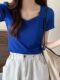 Klein Blue V-Neck Collarbone-Exposing Short-Sleeve T-Shirt for Women, Slim Fit, 2025 Summer New Korean Style, Simple and Versatile Top