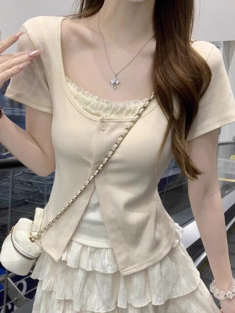 Fake Two-Piece Pure Desire Style Square Neck Lace Trim Button-Up T-Shirt for Women, New Summer Sweet and Age-Reducing Slim-Fit Short-Sleeve Cardigan