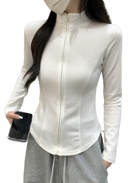 Fishbone Line Slimming Stand-Up Collar Long-Sleeve Zipper Jacket for Women, Early Autumn New Design with Curved Hem, Slim-Fit Cardigan