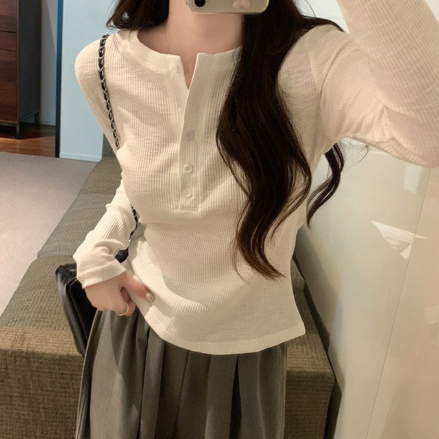 Chic Half-Open Collar Buttoned Ribbed Long-Sleeve T-Shirt for Women, New Autumn and Winter Korean Style Slim-Fit Base Shirt for Women