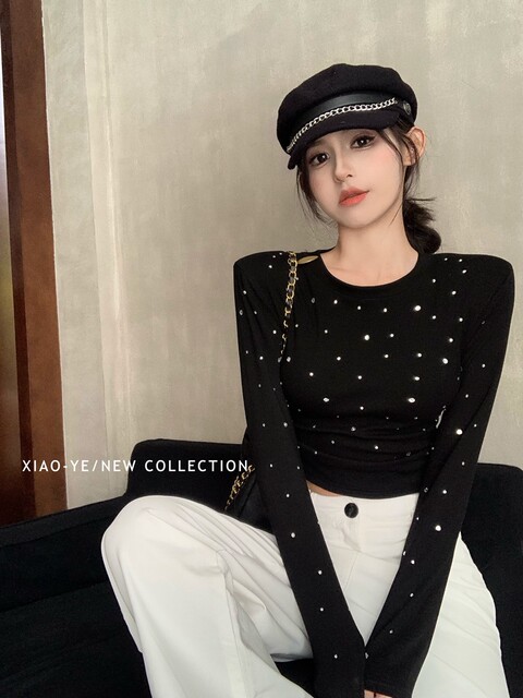 Trendy Rhinestone Shoulder Pad Base Shirt for Women, Spring New Korean Style Slim Fit Sexy Long-Sleeve T-Shirt for Petite Women