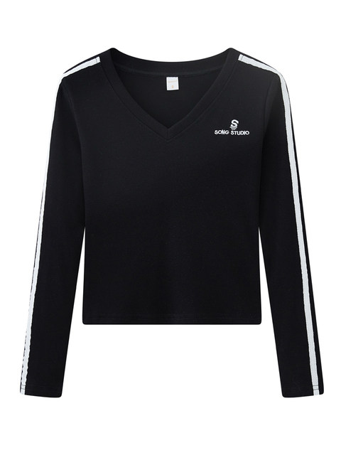 Casual Style Color-Block Striped Long-Sleeve Ribbed T-Shirt for Women, New Spring Korean Style V-Neck Letter Embroidery Slim-Fit Base Shirt