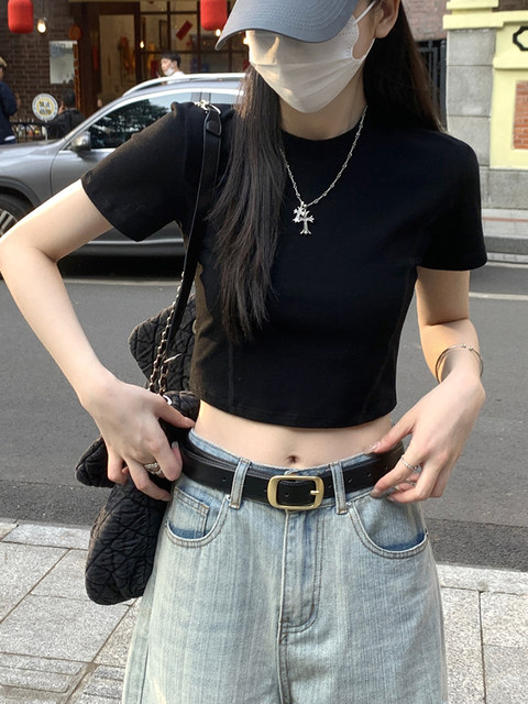 Petite High-Waisted Short Round-Neck T-Shirt for Women, Fishbone Slim Fit, New Summer Style ins Spicy Girl Slim Short-Sleeve Top