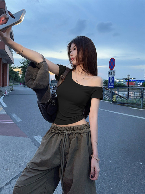 American-Style Sweet and Cool Spicy Girl Off-Shoulder Short-Sleeve T-Shirt for Women, New Summer Slim-Fit Sexy High-Waisted Short Top for Women