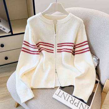Korean Fashion Double Zipper Striped Long-Sleeved Sweater Jacket for Women Autumn and Winter New Style Simple Casual Versatile Knitted Cardigan