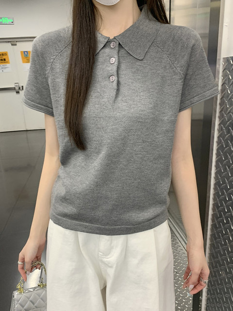 Ins Simple Style Gray Raglan Short-Sleeved Knitwear for Women Summer New Korean Style Polo Collar Casual Loose Top