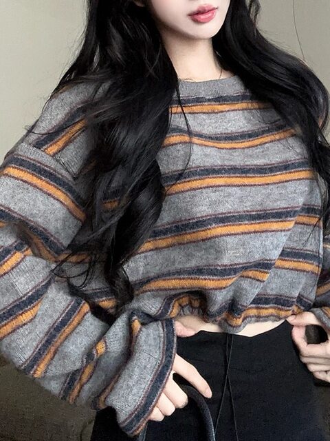 Lazy Style Loose Retro Color-Block Striped Crew Neck Long-Sleeve Sweatshirt for Women, New Winter Hot Girl Drawstring Waist Top