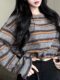 Lazy Style Loose Retro Color-Block Striped Crew Neck Long-Sleeve Sweatshirt for Women, New Winter Hot Girl Drawstring Waist Top