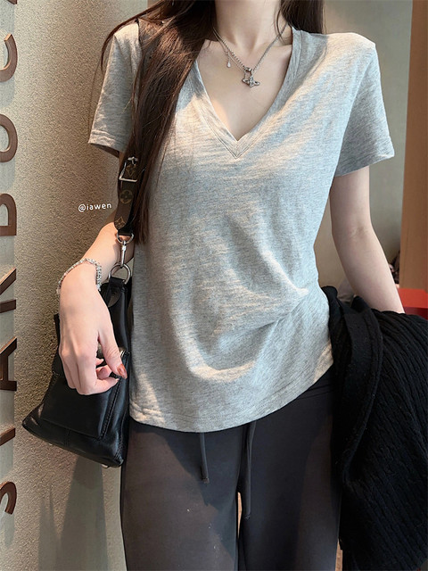 Basic White U-Neck Bamboo Cotton Short-Sleeve T-Shirt for Women, Regular Shoulder, New Summer Style, Loose V-Neck Half-Sleeve T-Shirt for Women