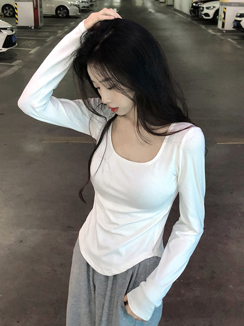 Pure Desire Style Irregular Square Neck Long-Sleeve T-Shirt for Women, White, New Spring Korean Version, Slim Fit with Curved Hem Top