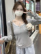 Pure Desire Lace Splicing Half-Open Collar Button Design Long-Sleeve T-Shirt for Women, New Spring Korean Style Gray Short Top