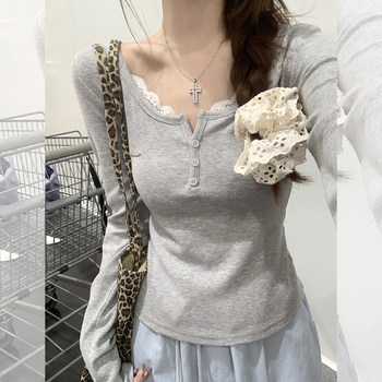 Pure Desire Lace Splicing Half-Open Collar Button Design Long-Sleeve T-Shirt for Women, New Spring Korean Style Gray Short Top