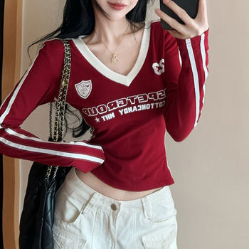 Spicy Girl Pure Desire Tight-Fitting Color-Block V-Neck Letter Print Top Women's Autumn New Slim-Fit Striped Long-Sleeve T-Shirt Short Style
