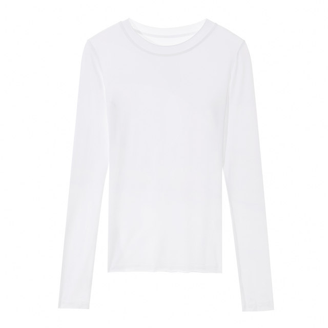 Rolled Edge Slightly Sheer Sun Protection T-Shirt for Women, Long-Sleeved, White, New Autumn and Winter Korean Style, Slim Fit, Layered Elastic Base Shirt for Women ins