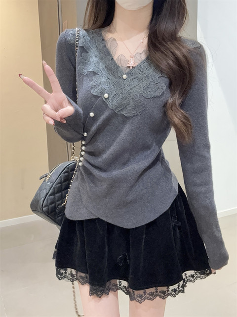 Sweet Heavy Lace Patchwork Cross V-Neck Andy Velvet Knit Sweater for Women, New Autumn and Winter Irregular Waist-Cinching Base Layer