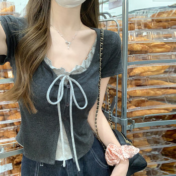 Pure Desire Style Square Neck Tie Contrast Color Fake Two-Piece Short-Sleeve T-Shirt for Women, New Summer Korean Version Slim Fit College Style Top