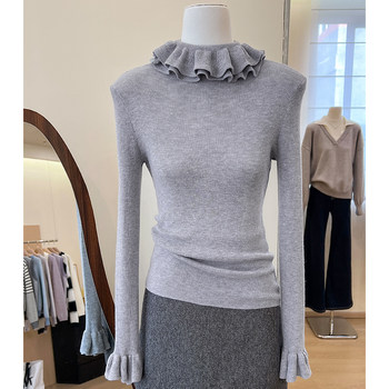 Sweet and Youthful Ruffle Collar Bell-Sleeve Knit Top for Women, New Spring Slim-Fit Layered Stretchy Base Sweater