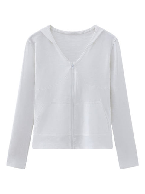 Casual White Casual V Neck Hooded Bamboo Cotton Jacket for Women Spring New Korean Style Zipper Slim Fit Sun Protection Cardigan