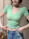 Hot Girl Mint Green Deep V-Neck Padded Shoulder Short-Sleeve T-Shirt for Women, New Summer Style, Sexy Pure Desire Style, Slim-Fit Half-Sleeve Top