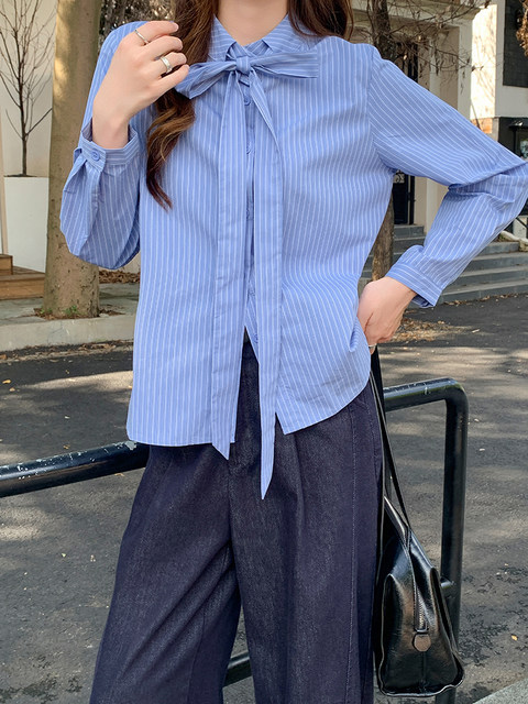 French-Style Striped Long-Sleeve Shirt for Women, New Spring Korean-Style Professional Single-Breasted Layered Top