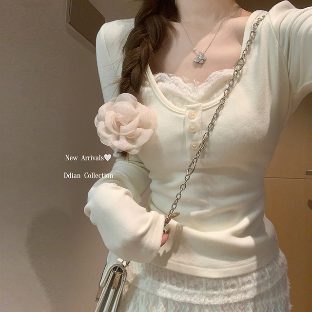 Lace Patchwork Fake Two-Piece Color-Blocked Cashmere Long-Sleeve T-Shirt for Women, New Spring Style, Sweet Round Neck, Slim Fit Top