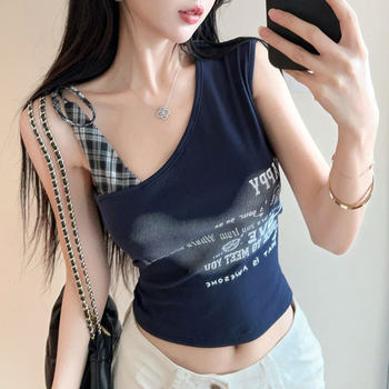 Trendy Design Asymmetrical Shoulder Plaid Patchwork Tank Top for Women, Summer New Style with Letter Print, Slim Fit, Short Camisole