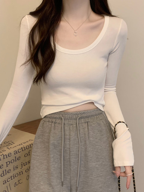 ins Hot Girl Round Neck Brushed Thin Fleece Long Sleeve T-Shirt for Women, Short Style, New Spring Slim Fit for Petite Women, White Base Shirt