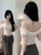Pure Desire Style Lace-Up Off-Shoulder Patchwork Lace Short-Sleeve T-Shirt for Women, New Summer Sexy Tight-Fitting Short Top