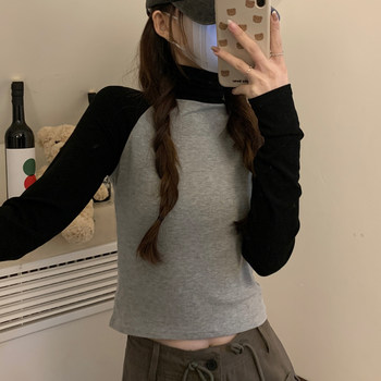 Short Ribbed Turtleneck Raglan Long-Sleeve T-Shirt for Petite Women, New Spring Korean Style Fashionable Hot Girl Base Shirt