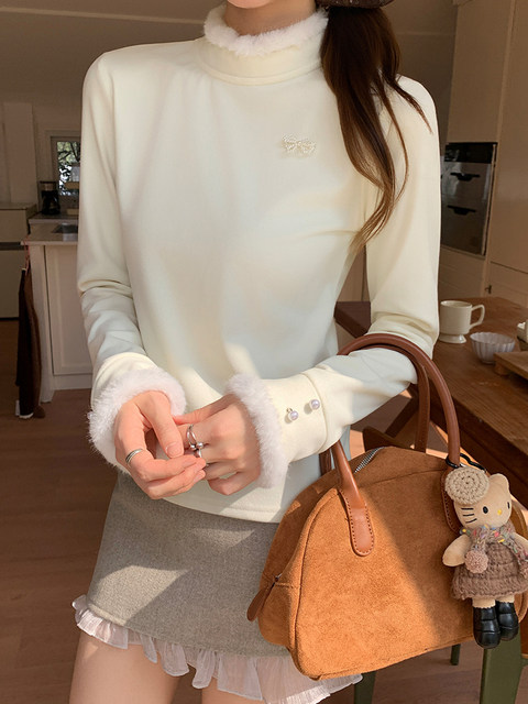 Fuzzy Patchwork Mid-Neck Fleece-Lined Long-Sleeve Base Shirt for Women, New Spring and Autumn Korean Style, Gentle Apricot Color, Slim-Fit T-Shirt Top