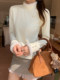 Fuzzy Patchwork Mid-Neck Fleece-Lined Long-Sleeve Base Shirt for Women, New Spring and Autumn Korean Style, Gentle Apricot Color, Slim-Fit T-Shirt Top