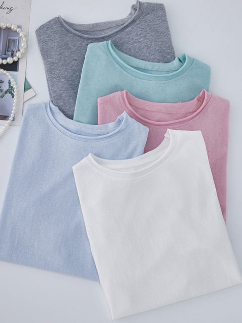 White Snowflake Cotton Thin Long-Sleeved Sun Protection T-Shirt for Women, New Spring Korean Style Simple Round Neck Rolled Edge Design Top