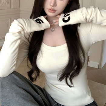 American-Style Spicy Girl Color-Block Letter Print U-Neck Fleece-Lined Base Shirt for Women, Early Spring New Slim-Fit Long-Sleeve T-Shirt for Women, Inner Wear