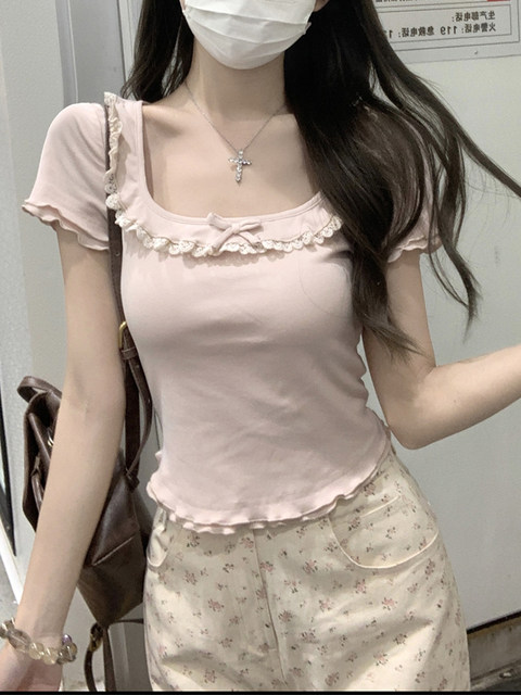 Sweet Girly Style Exquisite Lace Trim Square Neck Short-Sleeve T-Shirt for Women, New Summer Trendy Ruffled Edge Top