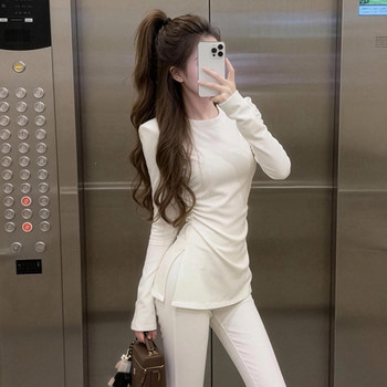 Pure Desire Style Side-Slit Mid-Length White Base Shirt for Women, New Autumn and Winter Korean Version Slim-Fit Layered Long-Sleeve T-Shirt for Women