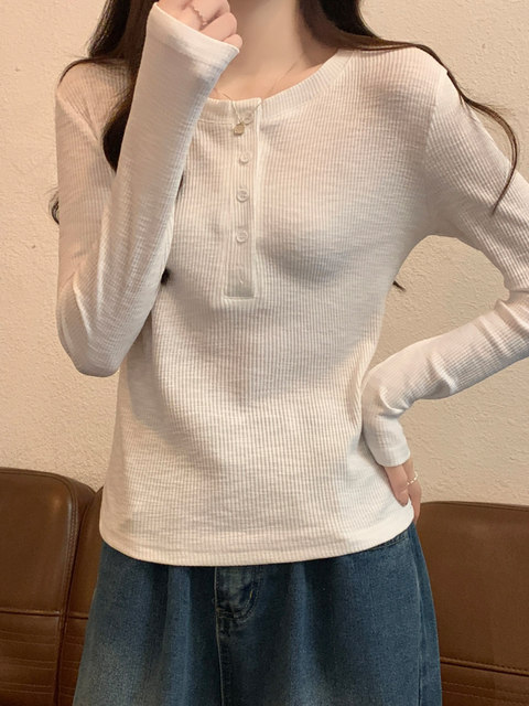 Hong Kong Style Semi-Open Collar Bamboo Cotton High-End Gray Long-Sleeve Women's T-Shirt, New Spring Korean Version Slim-Fit Base Shirt for Women