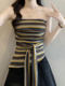 American-Style Hot Girl Retro Striped Tie-Up Tube Top for Women, New Summer Design with Irregular Hem, Waist-Cinching Sleeveless Top