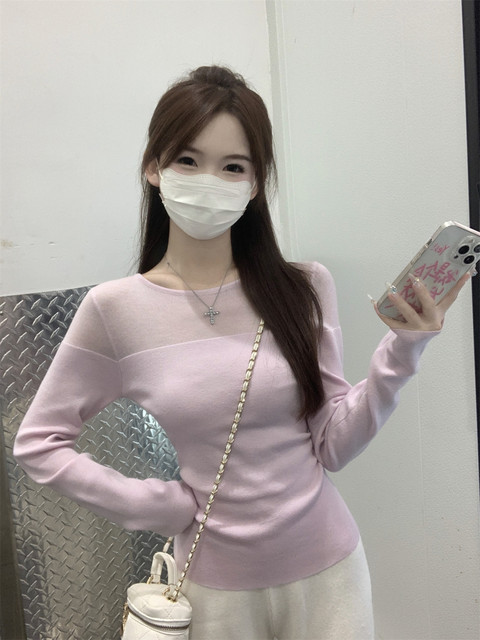 Gentle Purple Pure Desire Patchwork See-Through Long-Sleeved Wool Knitwear for Women, New Autumn Korean Style Simple Round-Neck Sweater