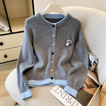 Korean Style Color-Block Round Neck Fake Two-Piece Knitted Cardigan for Women, New Autumn and Winter Fashion, Stylish Dopamine Button-Up Sweater