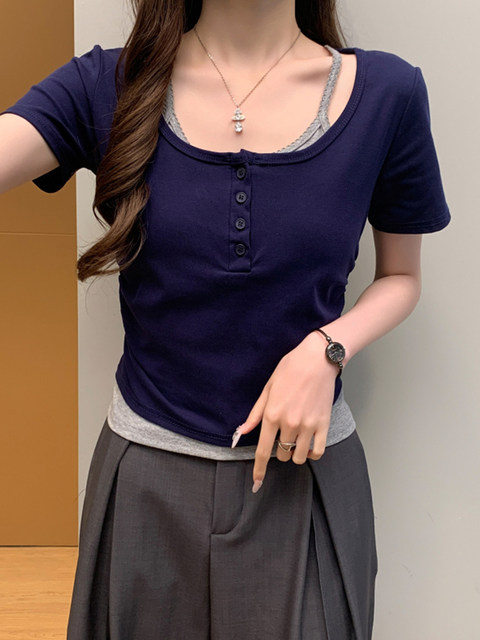 Fashionable Versatile Round-Neck Color-Blocked Faux Two-Piece Women's Summer New Style Pure Desire Hot Girl Style Ruched Design Slim-Fit Top