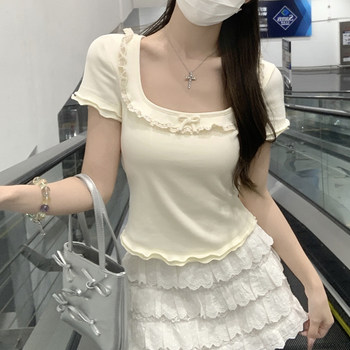 Gentle Apricot Color Pure Desire Lace Trim Square Neck Short-Sleeve T-Shirt for Women, New Summer Style with Delicate Ruffle Edges